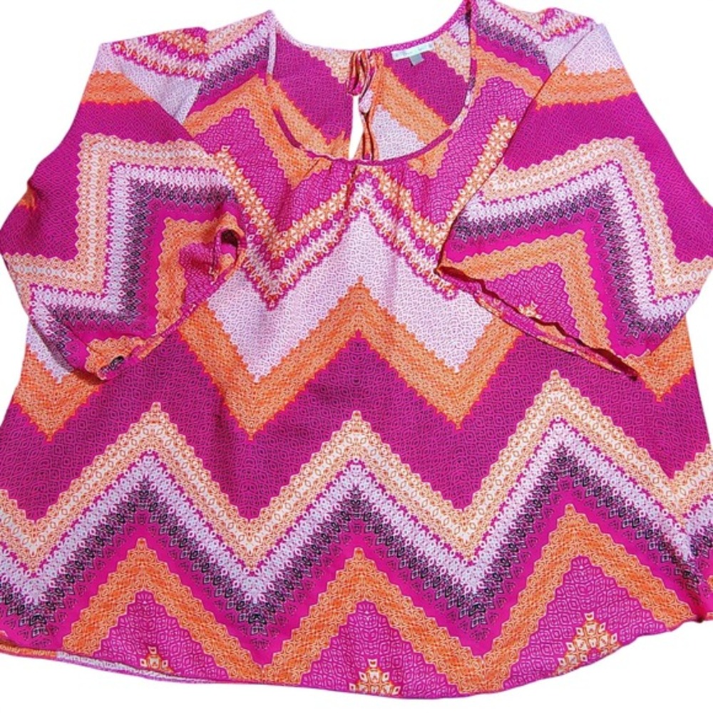 Free 2 Luv Women 1X Chevron Print Tie Neck Blouse Pink‎ Orange Boho